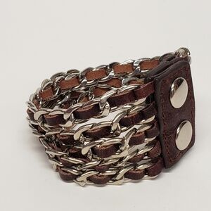 Womens Leather Metal Chain Links Bracelet Snap Closure